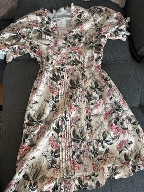 Floral Ruffle Dress - Cream with Pink & Green